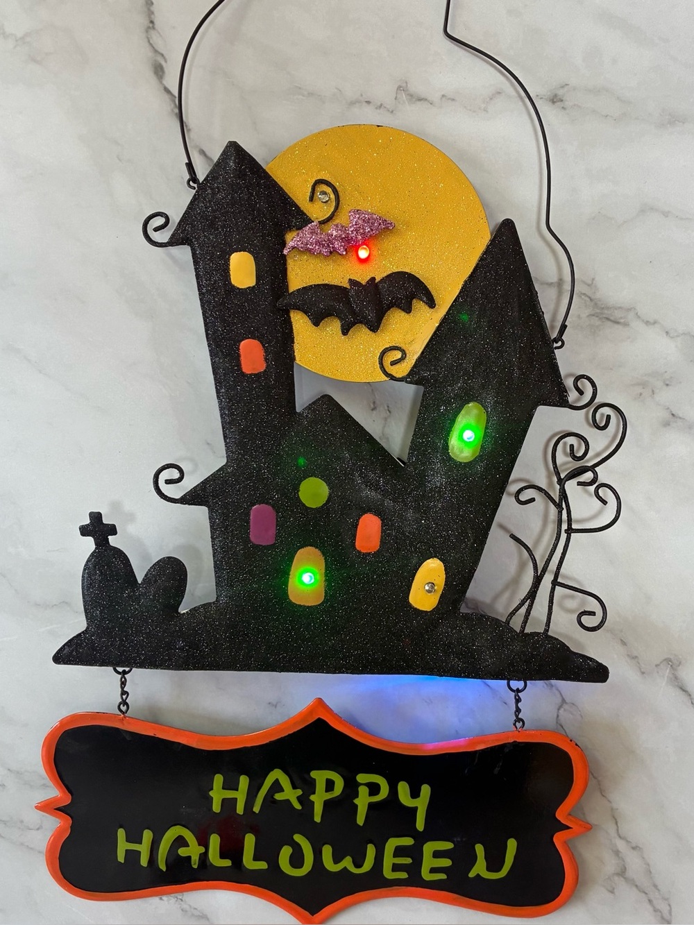 Happy Halloween Haunted Black Metal House W/ Flashing LED Lights